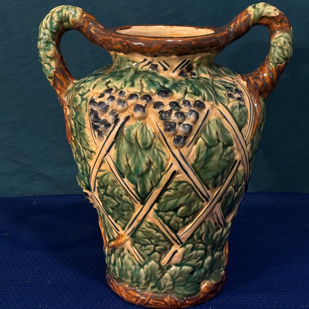 Vintage Majolica Grape Vine Leaves Trellis Ceramic Pot Vase